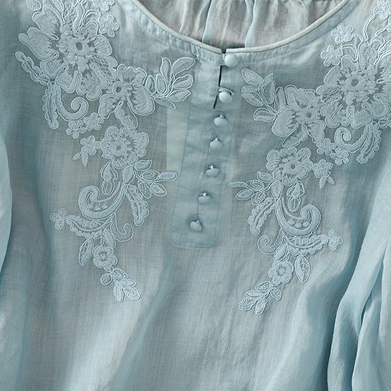 Camisa de algodón para mujer con cuello redondo, manga tres cuartos y botones bordados con flores y Buddha Stones - image 31