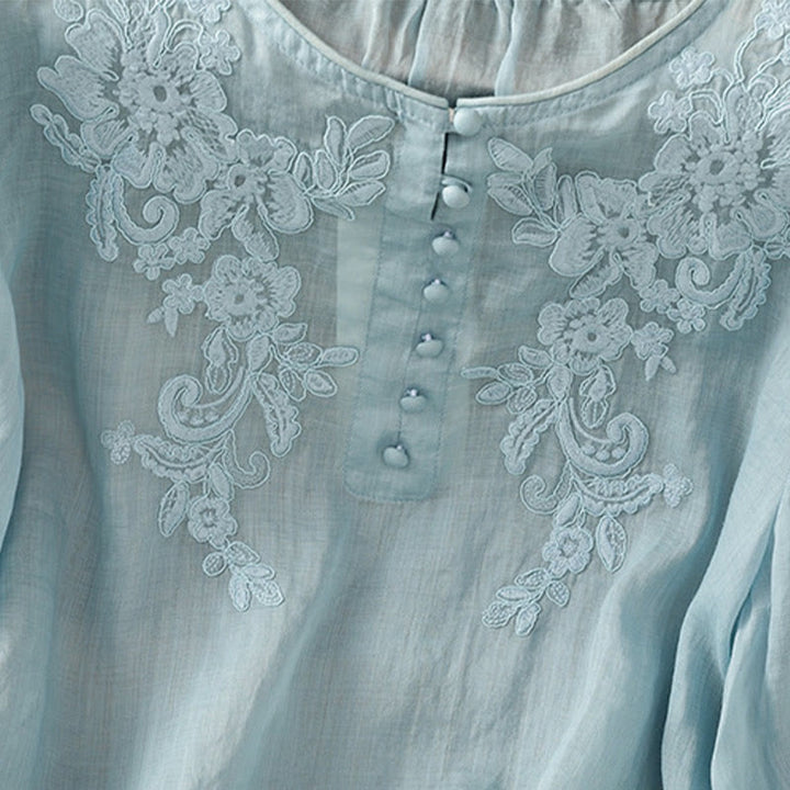 Camisa de algodón para mujer con cuello redondo, manga tres cuartos y botones bordados con flores y Buddha Stones - image 31