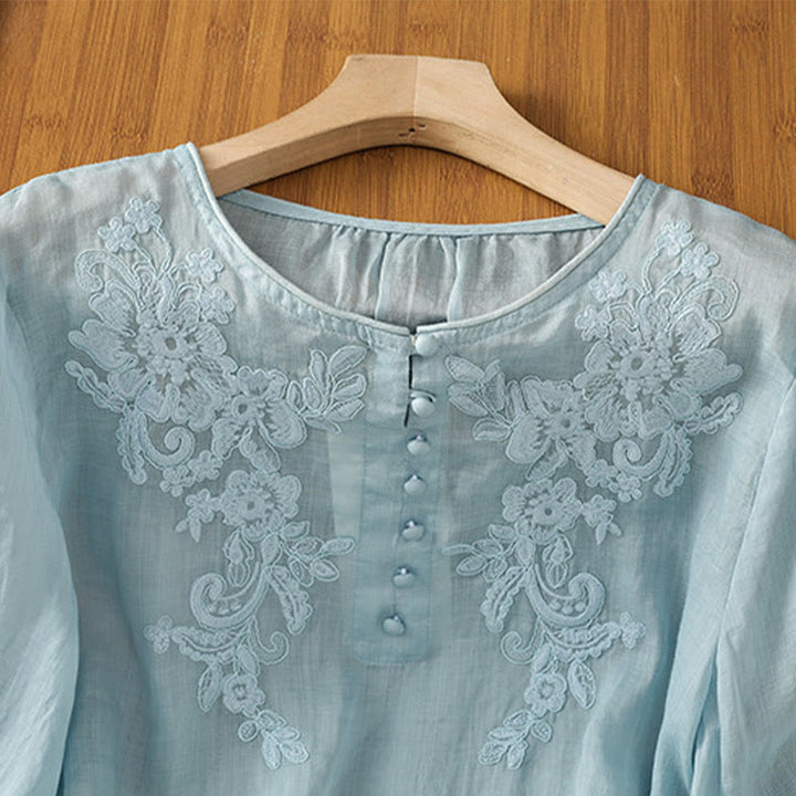 Camisa de algodón para mujer con cuello redondo, manga tres cuartos y botones bordados con flores y Buddha Stones - image 28