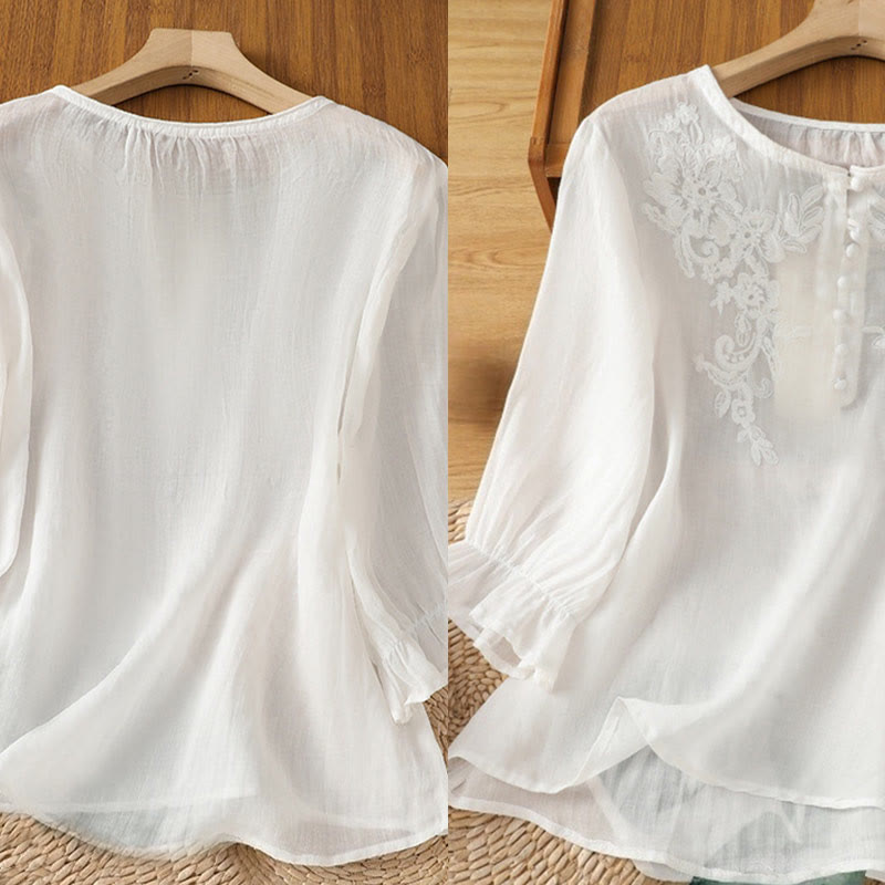 Camisa de algodón para mujer con cuello redondo, manga tres cuartos y botones bordados con flores y Buddha Stones - image 17