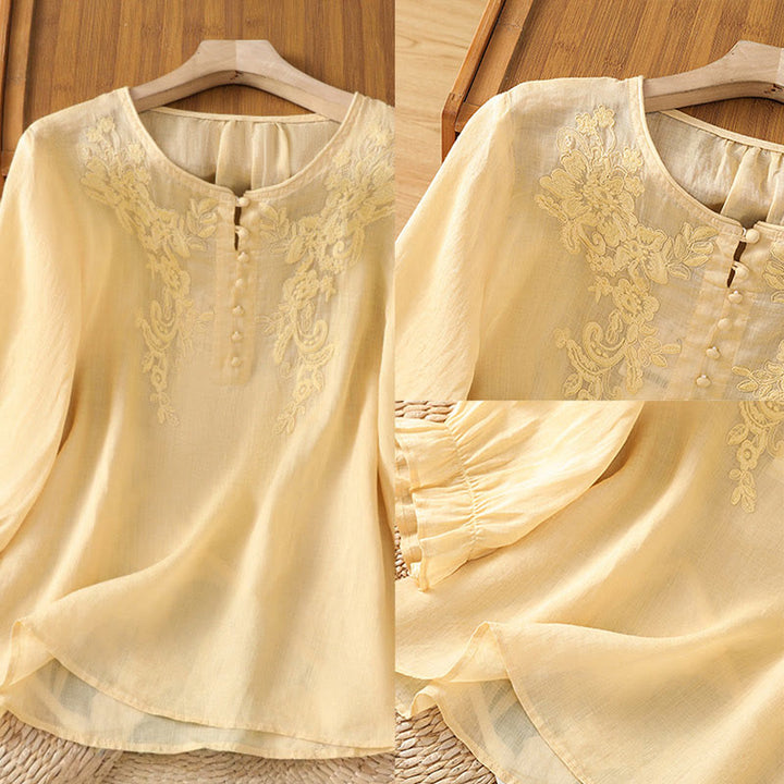Camisa de algodón para mujer con cuello redondo, manga tres cuartos y botones bordados con flores y Buddha Stones - image 4