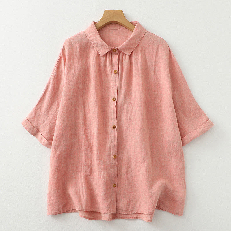 Camisa informal de lino y algodón para mujer con botones lisos y media manga Buddha Stones - Salmón - US12, UK/AU16, EU44 (2XL) - image 9