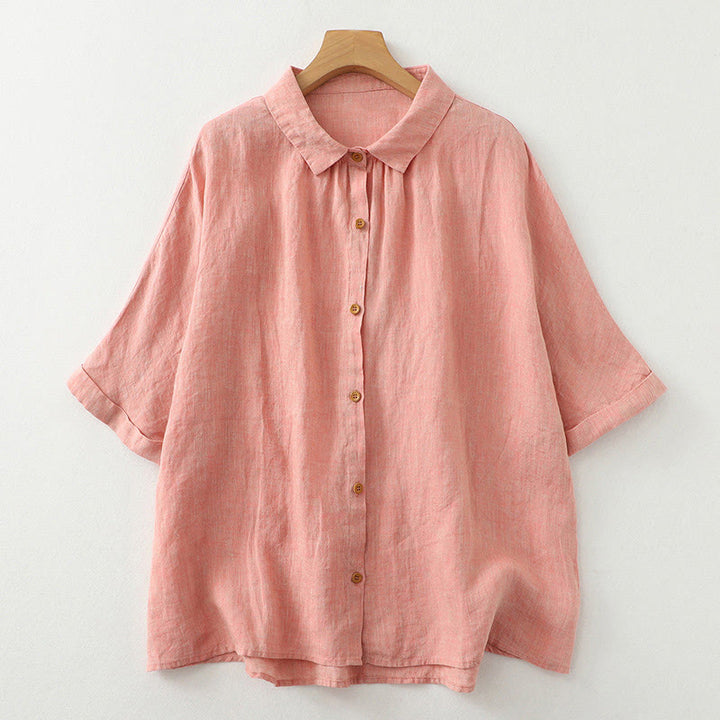 Camisa informal de lino y algodón para mujer con botones lisos y media manga Buddha Stones - Salmón - US12, UK/AU16, EU44 (2XL) - image 9