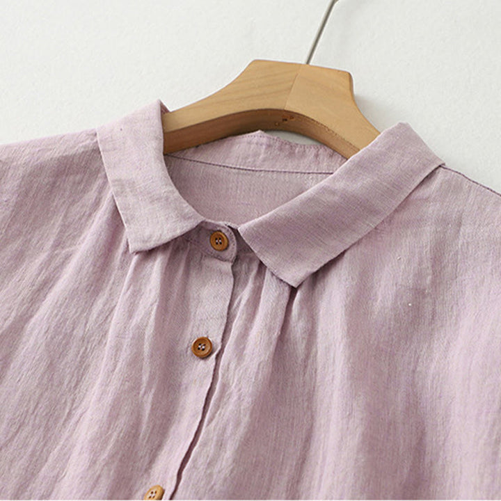 Camisa informal de lino y algodón para mujer con botones lisos y media manga Buddha Stones - image 3