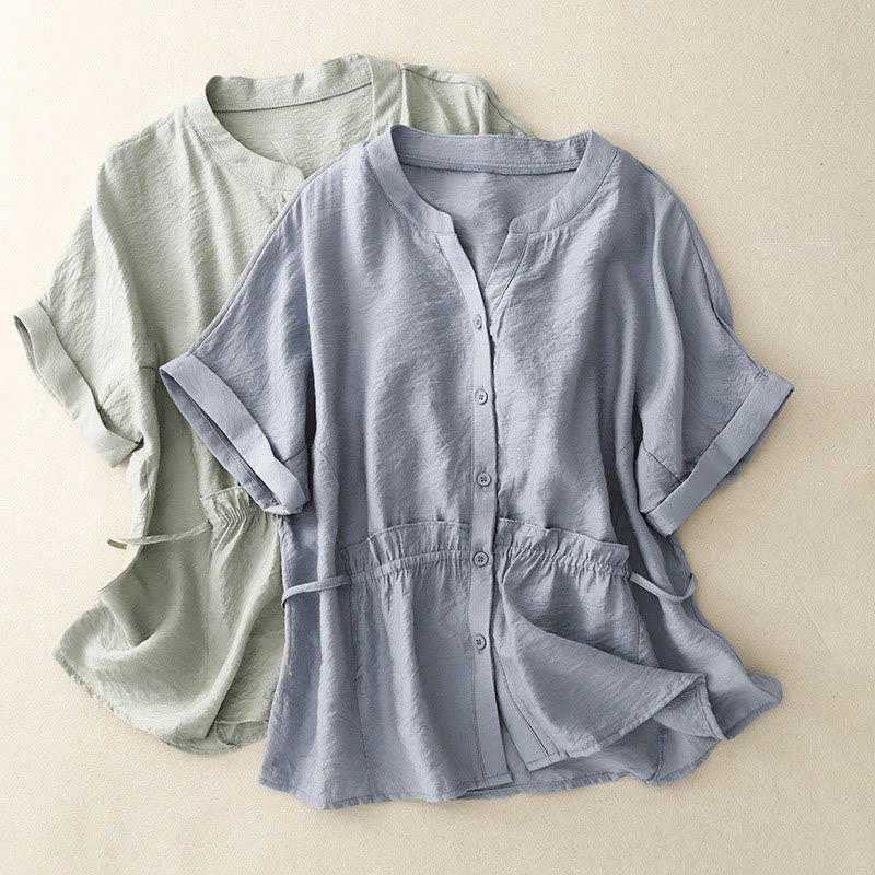 Camisa de algodón de manga corta con botones y cordones de verano para mujer con Buddha Stones - image 10