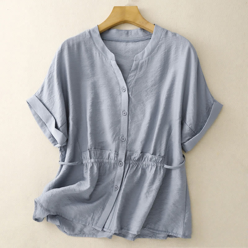 Camisa de algodón de manga corta con botones y cordones de verano para mujer con Buddha Stones - Azul claro - US8-10，UK/AU12-14，EU40-42 (2XL) - image 1