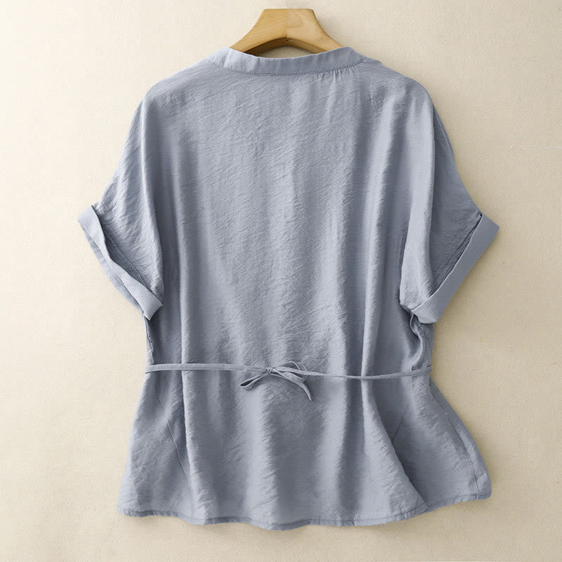 Camisa de algodón de manga corta con botones y cordones de verano para mujer con Buddha Stones - image 1