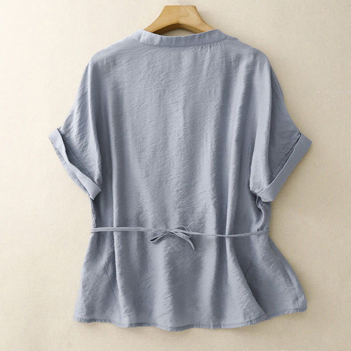 Camisa de algodón de manga corta con botones y cordones de verano para mujer con Buddha Stones - image 1