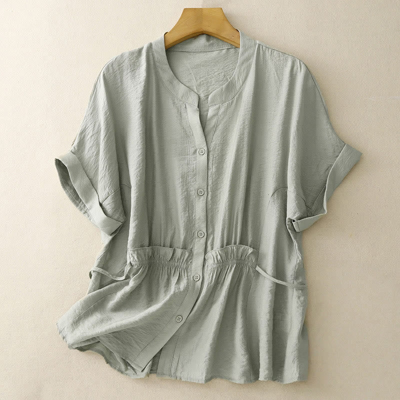Camisa de algodón de manga corta con botones y cordones de verano para mujer con Buddha Stones - Verde mar oscuro - US8-10，UK/AU12-14，EU40-42 (2XL) - image 12