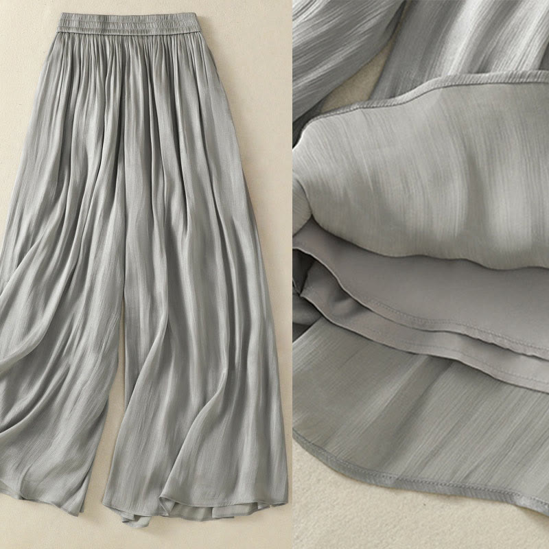 Pantalones de mujer de pierna ancha con bolsillos, diseño plisado en gris claro con estampado de Buddha Stones y cintura elástica. - image 4
