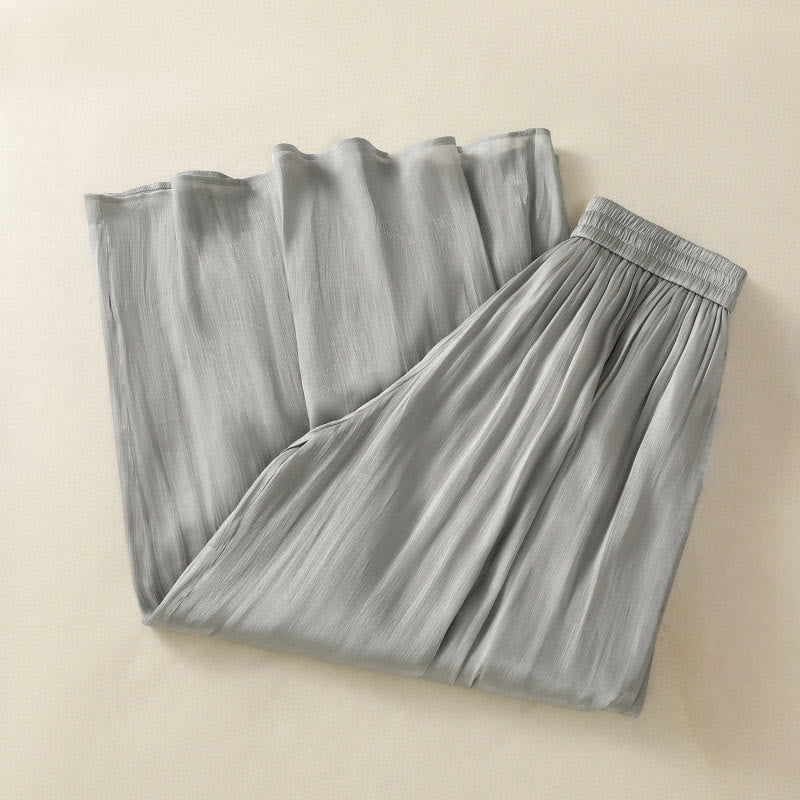 Pantalones de mujer de pierna ancha con bolsillos, diseño plisado en gris claro con estampado de Buddha Stones y cintura elástica. - image 2