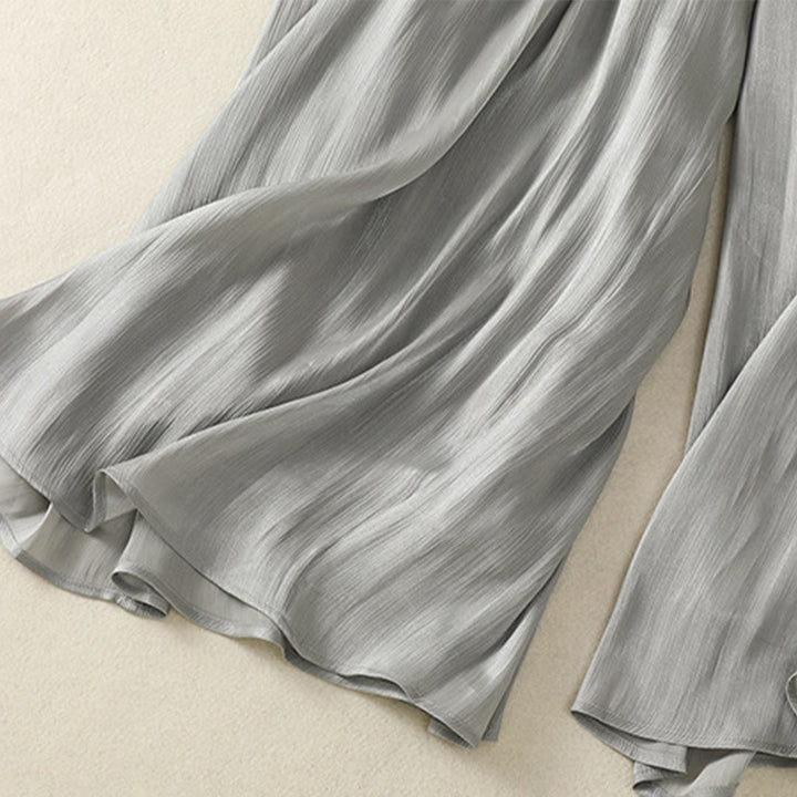 Pantalones de mujer de pierna ancha con bolsillos, diseño plisado en gris claro con estampado de Buddha Stones y cintura elástica. - image 12
