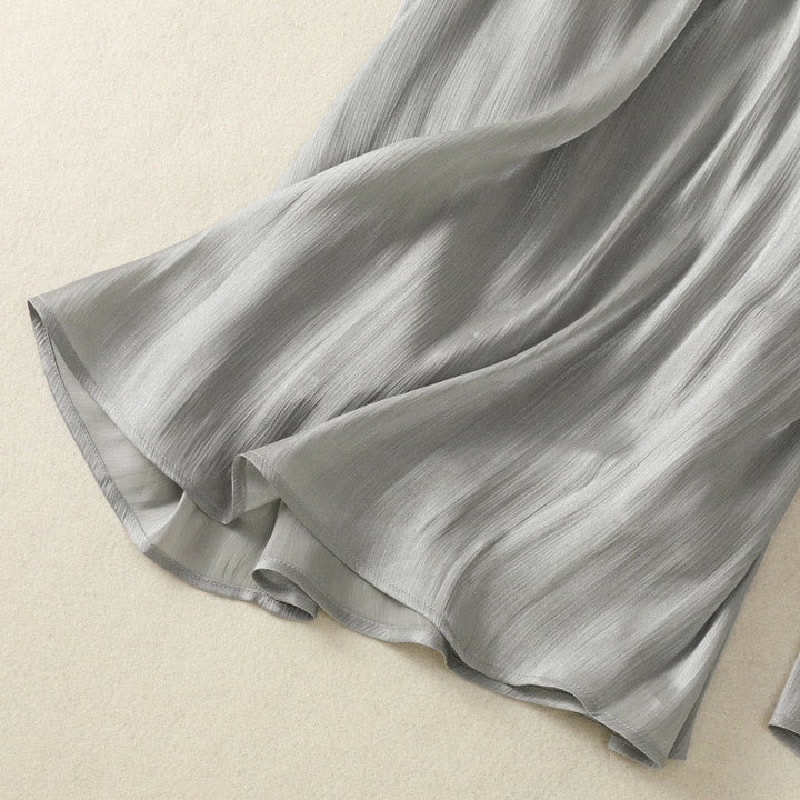 Pantalones de mujer de pierna ancha con bolsillos, diseño plisado en gris claro con estampado de Buddha Stones y cintura elástica. - image 11