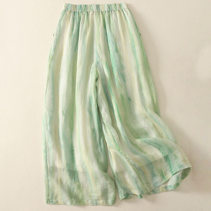 Pantalones de lino y algodón con cintura elástica para mujer, de Buddha Stones, de 7 a 8 de largo y pierna ancha, con bolsillos - image 1