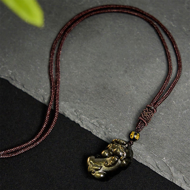 Collar con colgante de cuerda de la riqueza PiXiu de obsidiana con brillo dorado y piedras de Buddha Stones - image 4