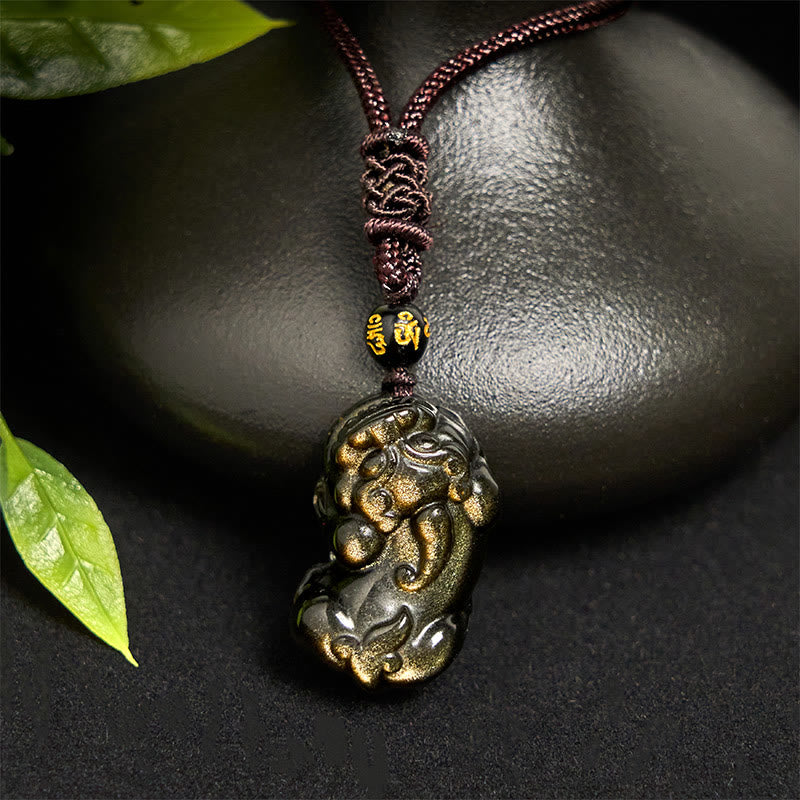 Collar con colgante de cuerda de la riqueza PiXiu de obsidiana con brillo dorado y piedras de Buddha Stones - image 2