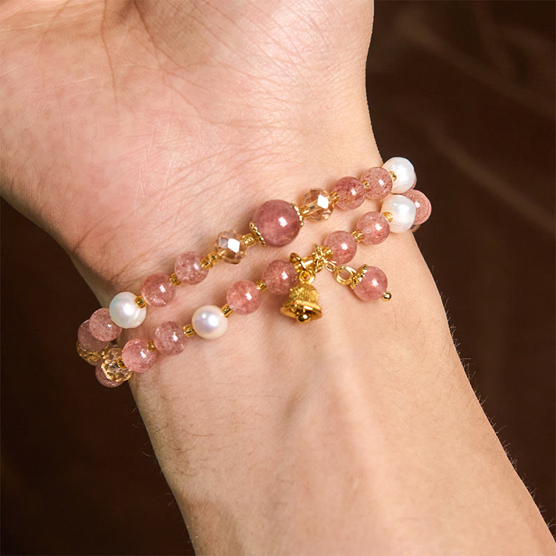 Pulsera de doble vuelta con campana de perla y cuarzo fresa natural de Buddha Stones