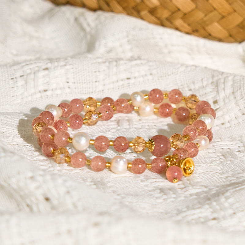 Pulsera de doble vuelta con campana de perla y cuarzo fresa natural de Buddha Stones