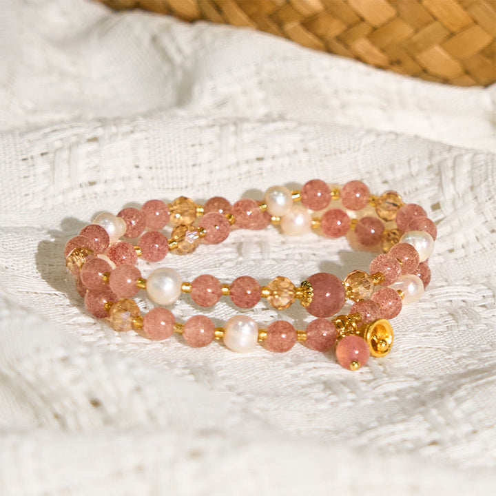 Pulsera de doble vuelta con campana de perla y cuarzo fresa natural de Buddha Stones
