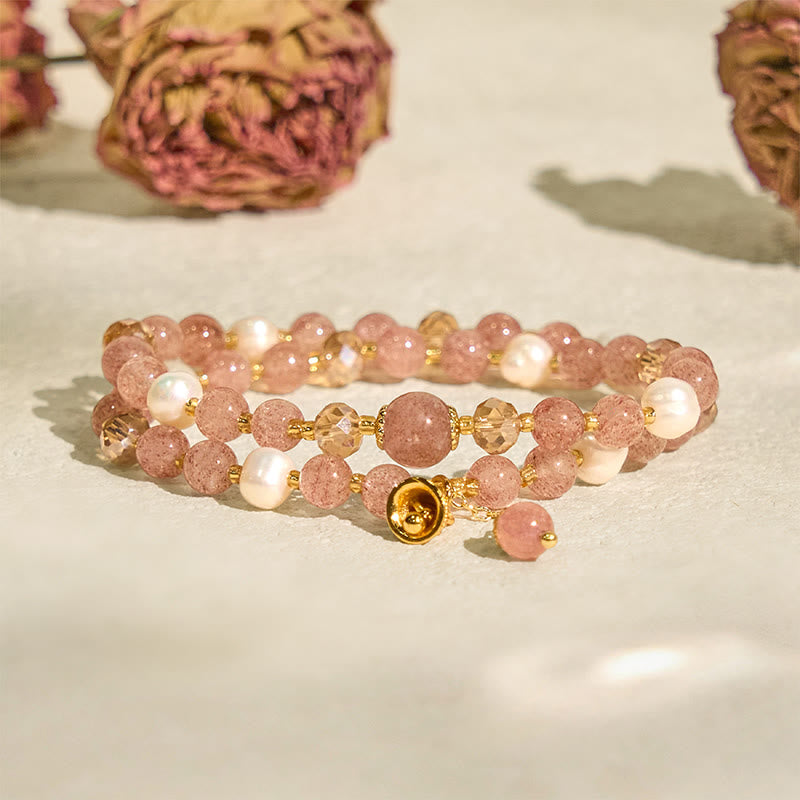 Pulsera de doble vuelta con campana de perla y cuarzo fresa natural de Buddha Stones