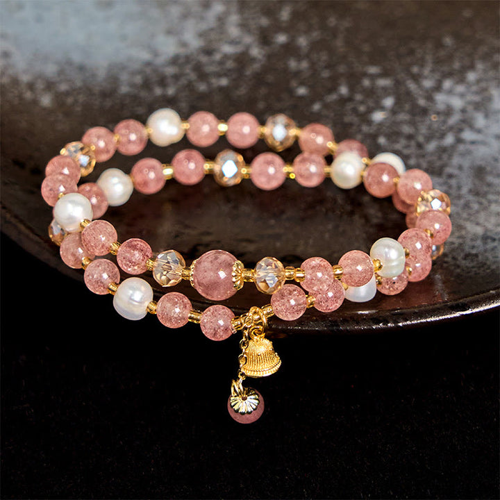 Pulsera de doble vuelta con campana de perla y cuarzo fresa natural de Buddha Stones