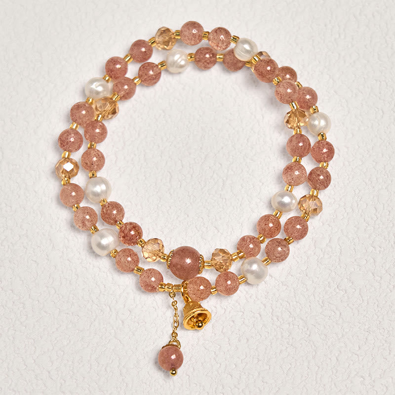 Pulsera de doble vuelta con campana de perla y cuarzo fresa natural de Buddha Stones