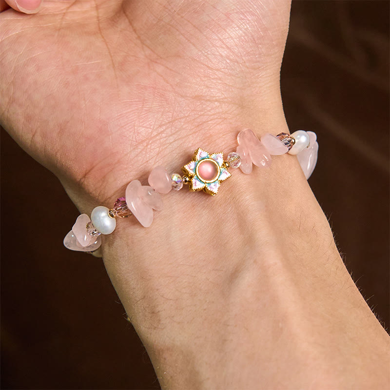 Pulsera curativa de Buddha Stones con grava natural, cuarzo rosa y flor de perla