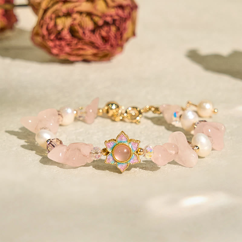 Pulsera curativa de Buddha Stones con grava natural, cuarzo rosa y flor de perla