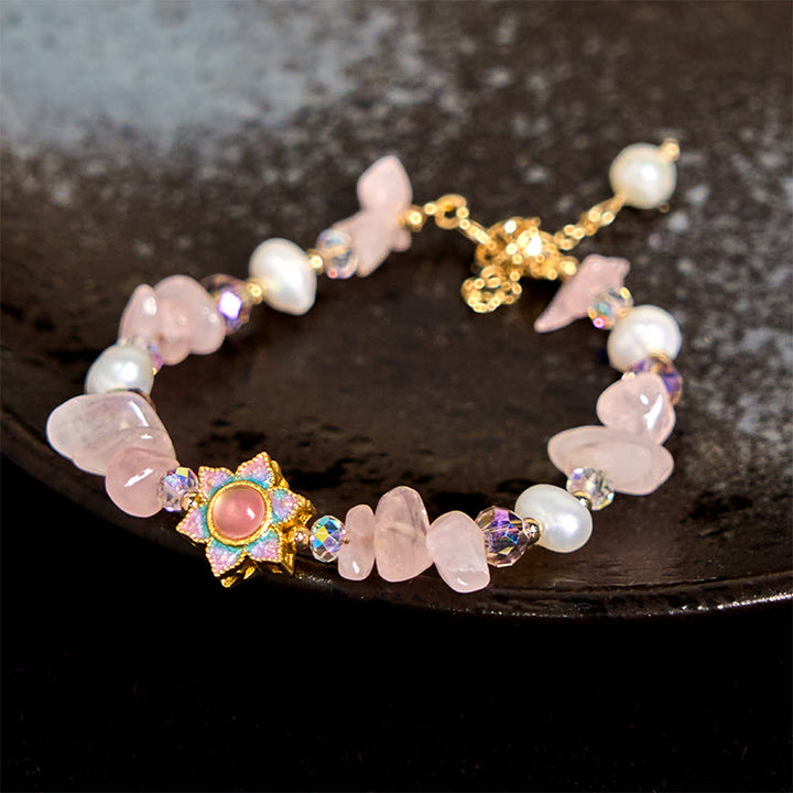 Pulsera curativa de Buddha Stones con grava natural, cuarzo rosa y flor de perla