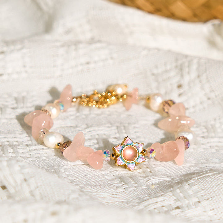 Pulsera curativa de Buddha Stones con grava natural, cuarzo rosa y flor de perla