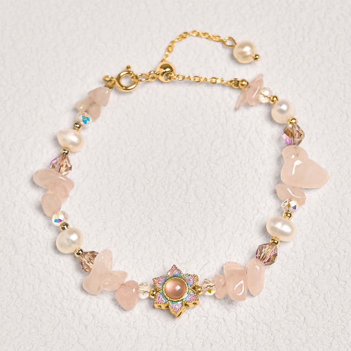 Pulsera curativa de Buddha Stones con grava natural, cuarzo rosa y flor de perla