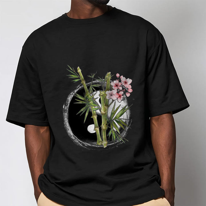 Camiseta con estampado de flores de melocotón, bambú, yin y yang y Buddha Stones - image 2