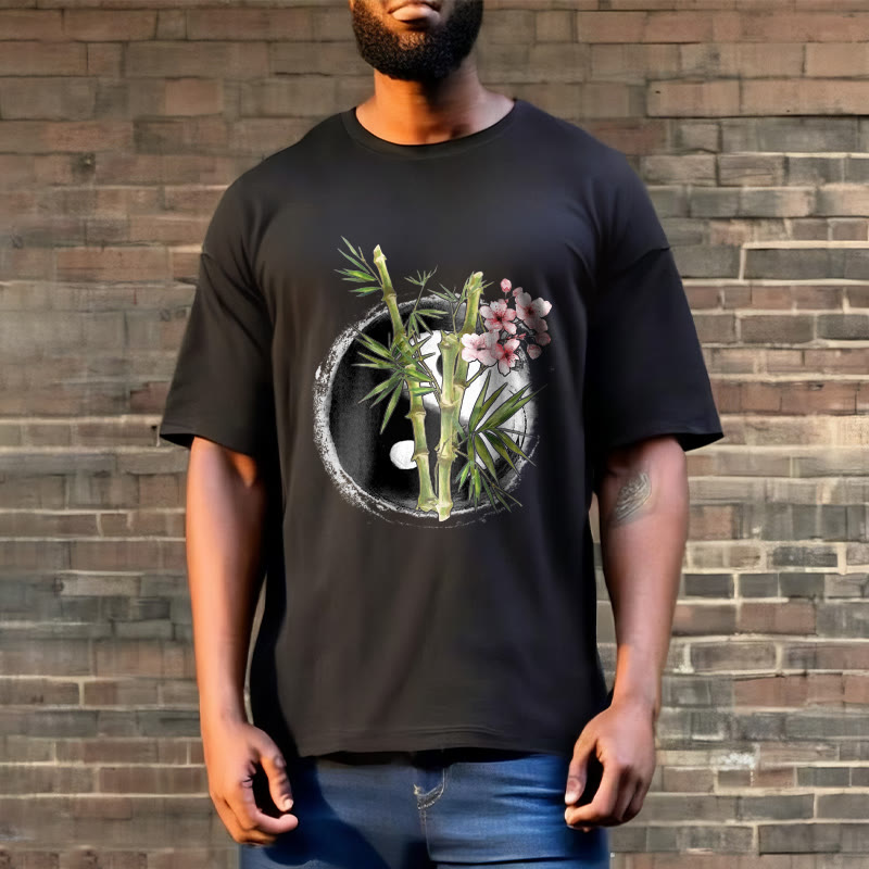 Camiseta con estampado de flores de melocotón, bambú, yin y yang y Buddha Stones - image 3