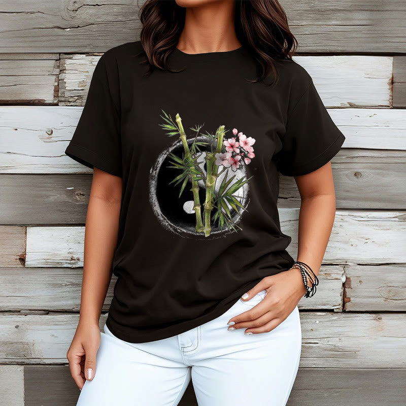 Camiseta con estampado de flores de melocotón, bambú, yin y yang y Buddha Stones - image 4