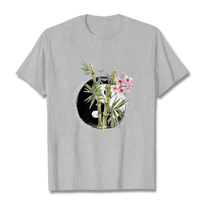 Camiseta con estampado de flores de melocotón, bambú, yin y yang y Buddha Stones - Gris claro - 2XL - image 20