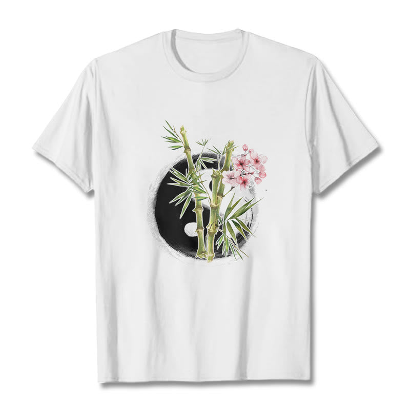 Camiseta con estampado de flores de melocotón, bambú, yin y yang y Buddha Stones - Blanco - 2XL - image 6