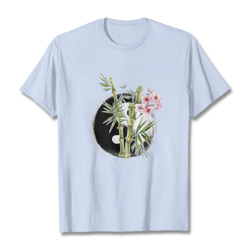 Camiseta con estampado de flores de melocotón, bambú, yin y yang y Buddha Stones - Cian claro - 2XL - image 19