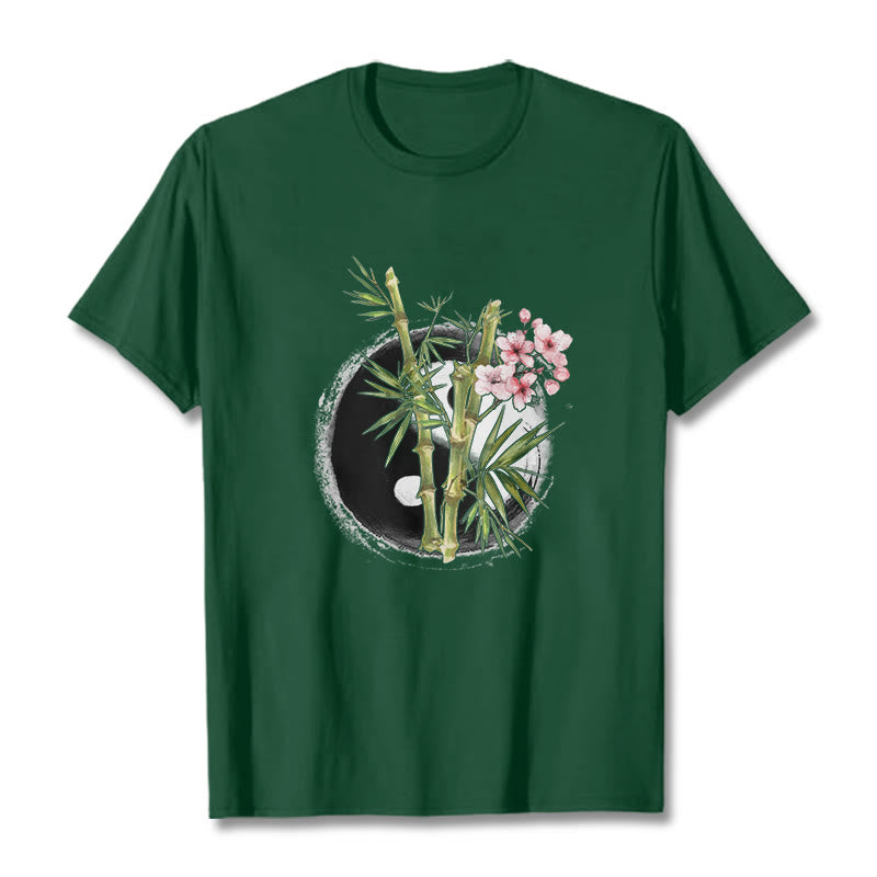 Camiseta con estampado de flores de melocotón, bambú, yin y yang y Buddha Stones - Verde bosque - 2XL - image 11