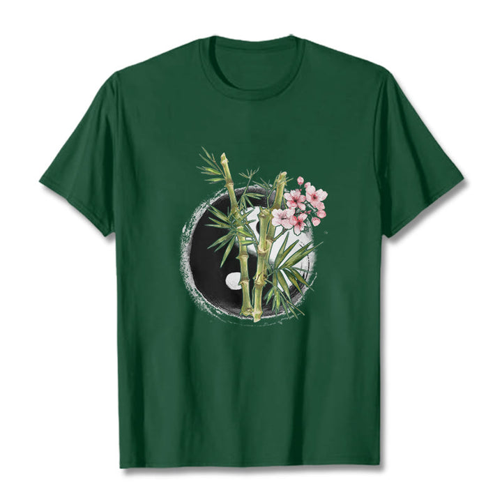 Camiseta con estampado de flores de melocotón, bambú, yin y yang y Buddha Stones - Verde bosque - 2XL - image 11