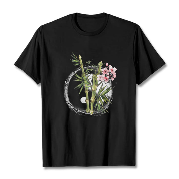 Camiseta con estampado de flores de melocotón, bambú, yin y yang y Buddha Stones - Negro - 2XL - image 1
