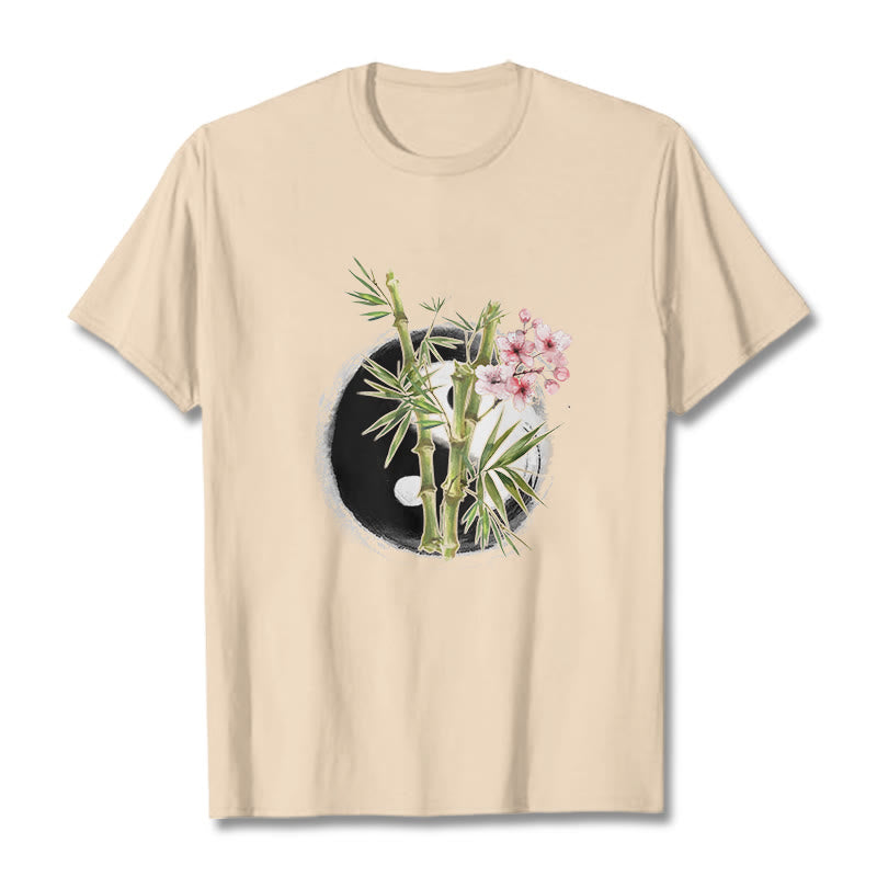 Camiseta con estampado de flores de melocotón, bambú, yin y yang y Buddha Stones - Sopa de mariscos - 2XL - image 9