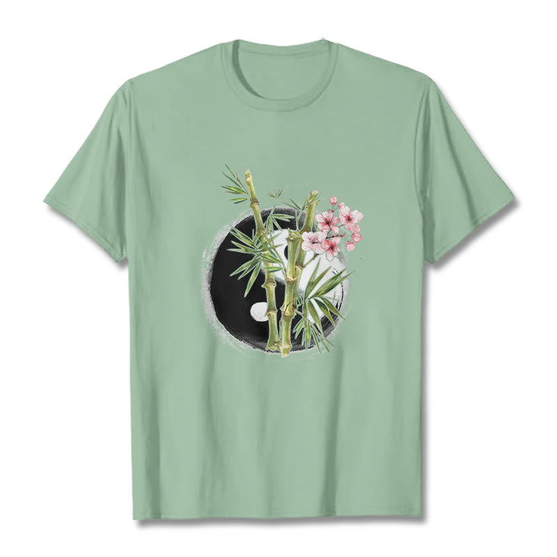 Camiseta con estampado de flores de melocotón, bambú, yin y yang y Buddha Stones - Verde pálido - 2XL - image 15