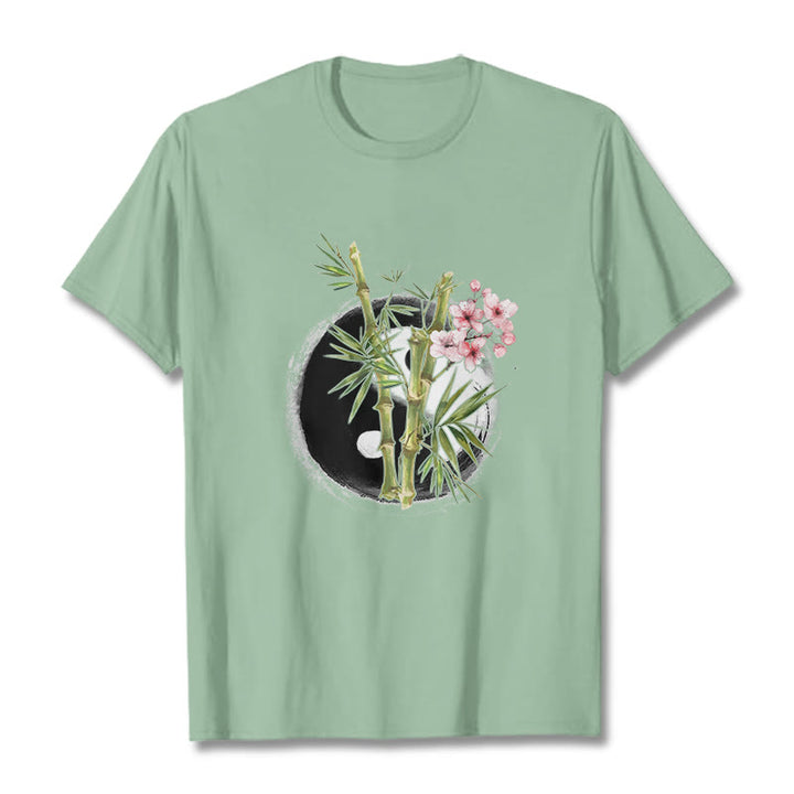 Camiseta con estampado de flores de melocotón, bambú, yin y yang y Buddha Stones - Verde pálido - 2XL - image 15
