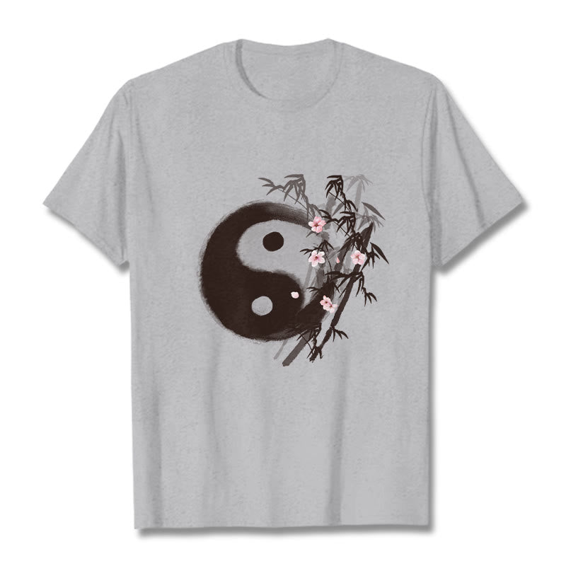 Buddha Stones Camiseta con estampado de bambú y flor de cerezo Yin Yang - Gris claro - 2XL - image 18