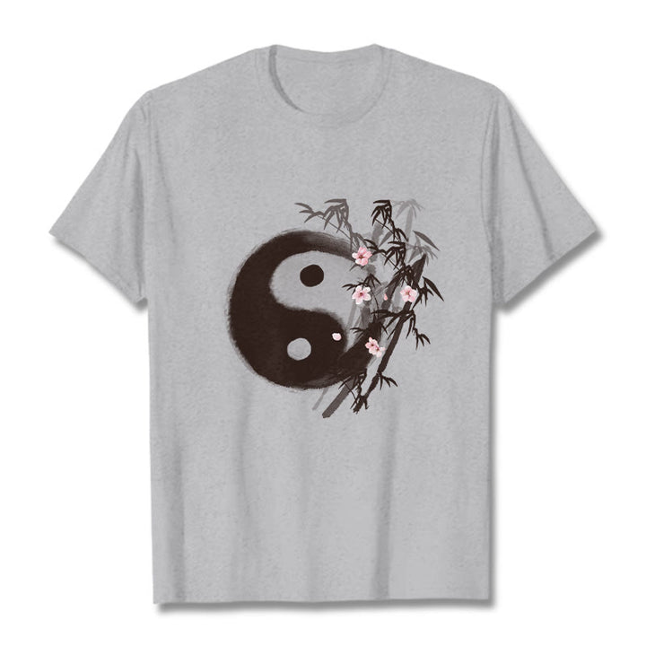 Buddha Stones Camiseta con estampado de bambú y flor de cerezo Yin Yang - Gris claro - 2XL - image 18