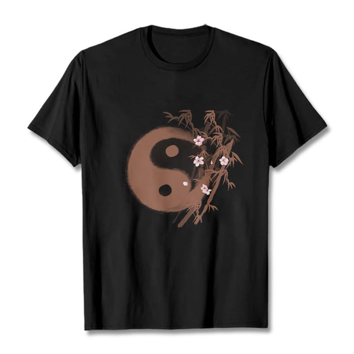 Buddha Stones Camiseta con estampado de bambú y flor de cerezo Yin Yang - Negro - 2XL - image 3