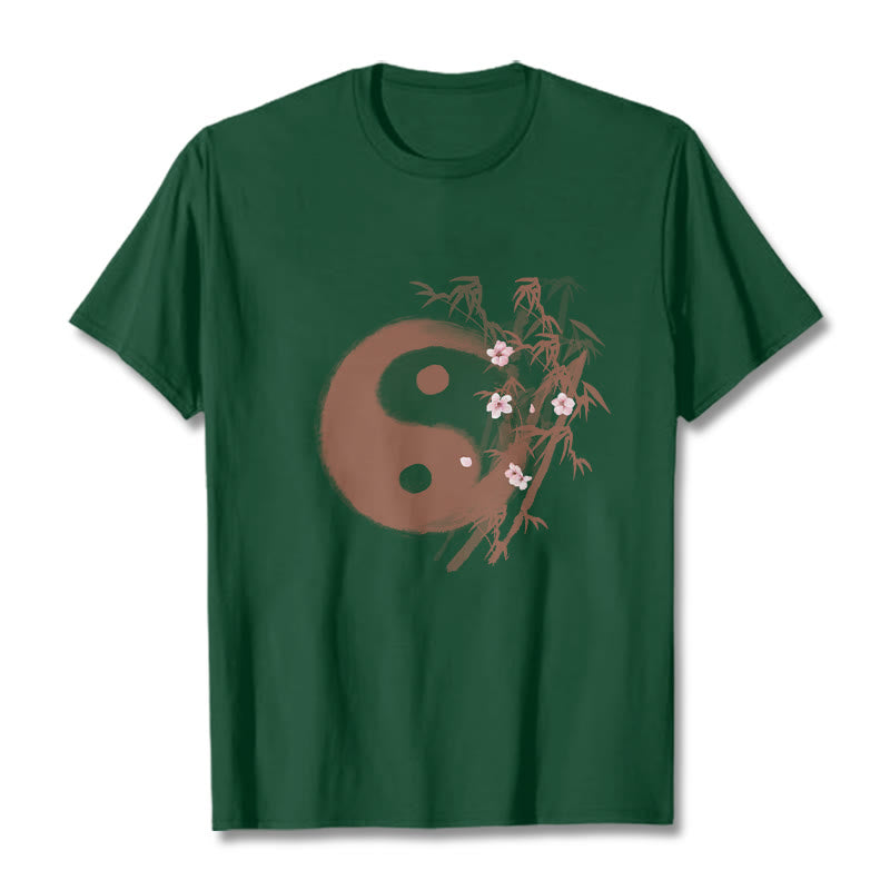 Buddha Stones Camiseta con estampado de bambú y flor de cerezo Yin Yang - Verde bosque - 2XL - image 9