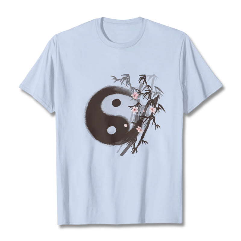 Buddha Stones Camiseta con estampado de bambú y flor de cerezo Yin Yang - Cian claro - 2XL - image 17