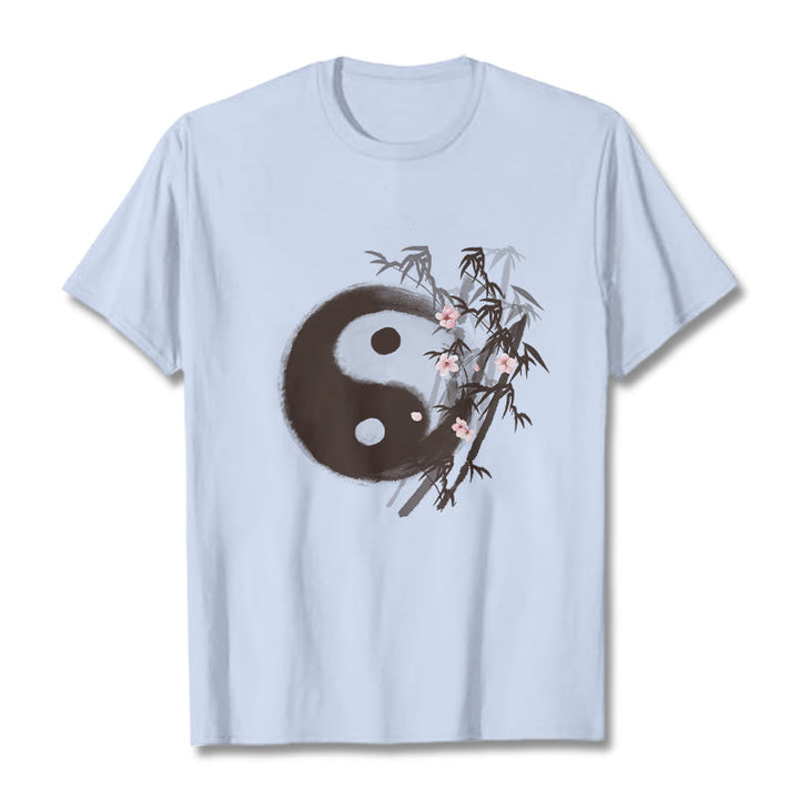 Buddha Stones Camiseta con estampado de bambú y flor de cerezo Yin Yang - Cian claro - 2XL - image 17