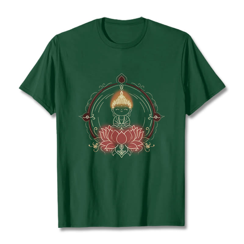 Camiseta con estampado de mandala de loto y Buddha Stones alegre - Verde bosque - 2XL - image 11